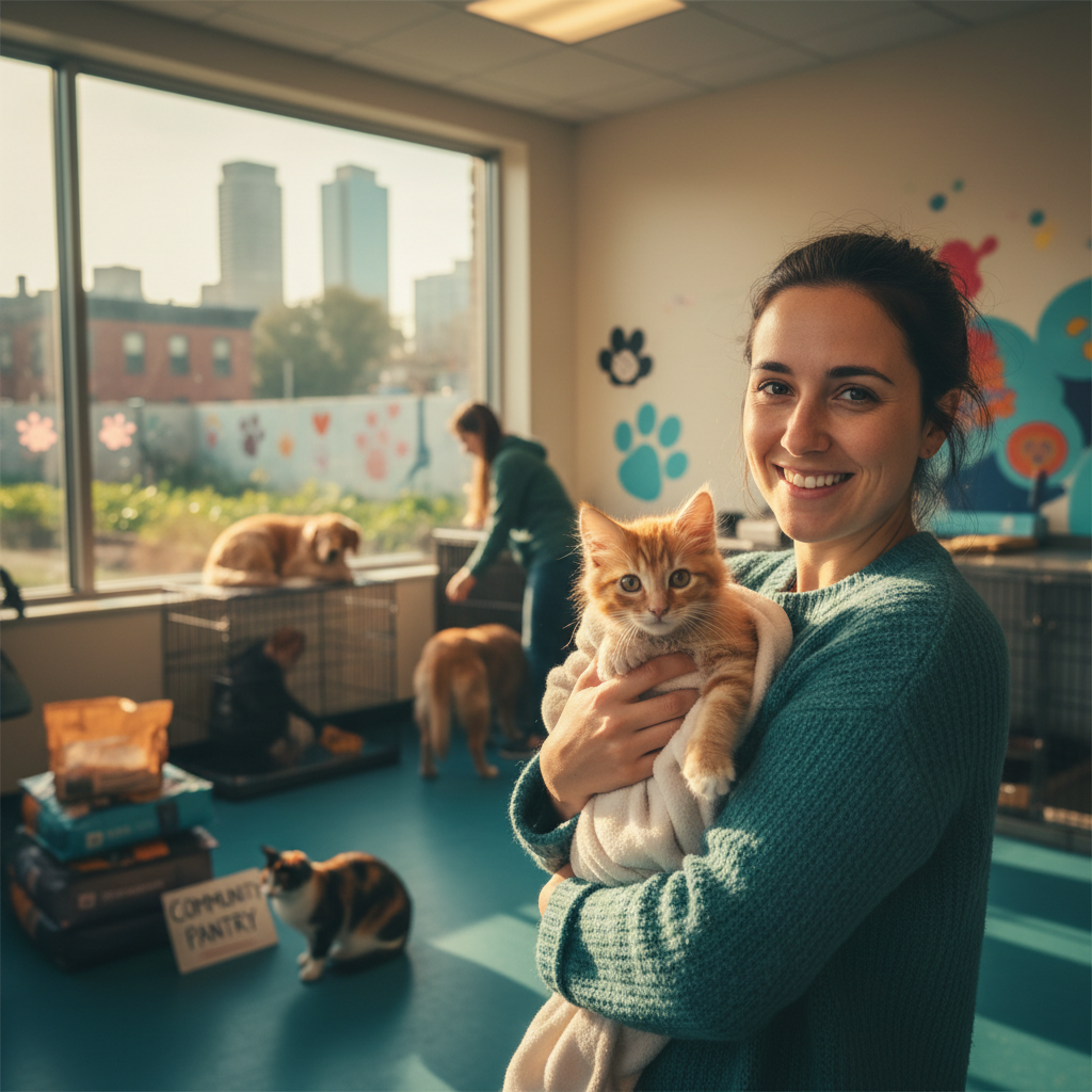 A compassionate volunteer holding a rescued kitten in a NYC animal shelter, warm lighting