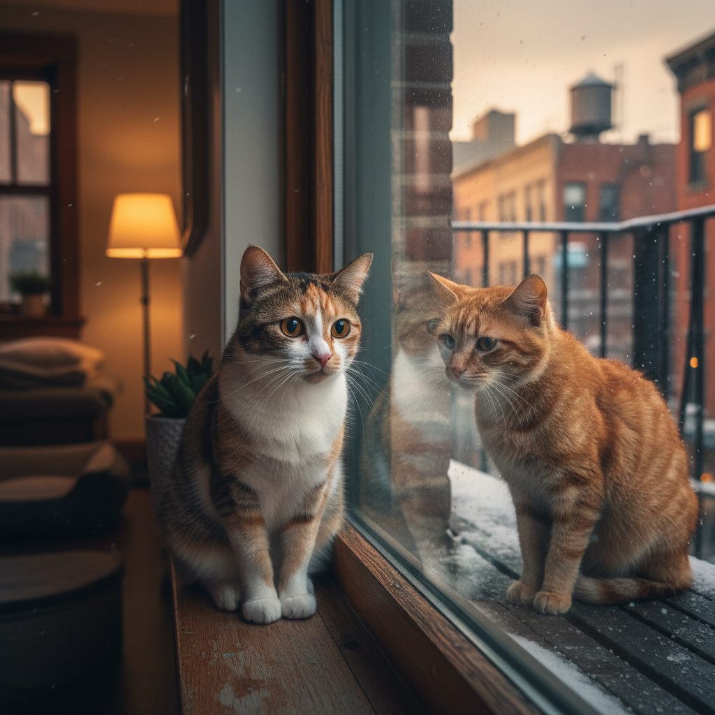 Inside cat, looking out window to outside cat cold, and afraid and sad