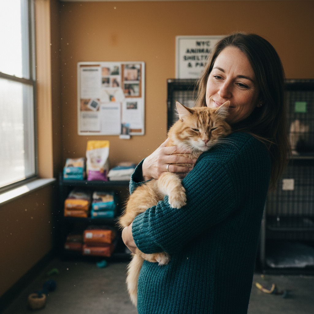 A rescued cat being held lovingly by a volunteer in a NYC shelter