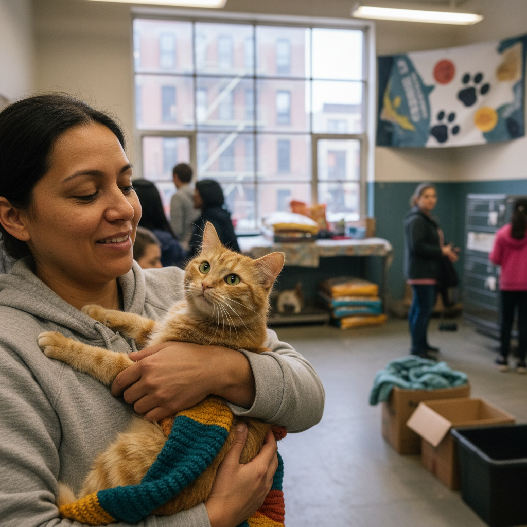 A rescued cat being held lovingly by a latino volunteer in a NYC shelter