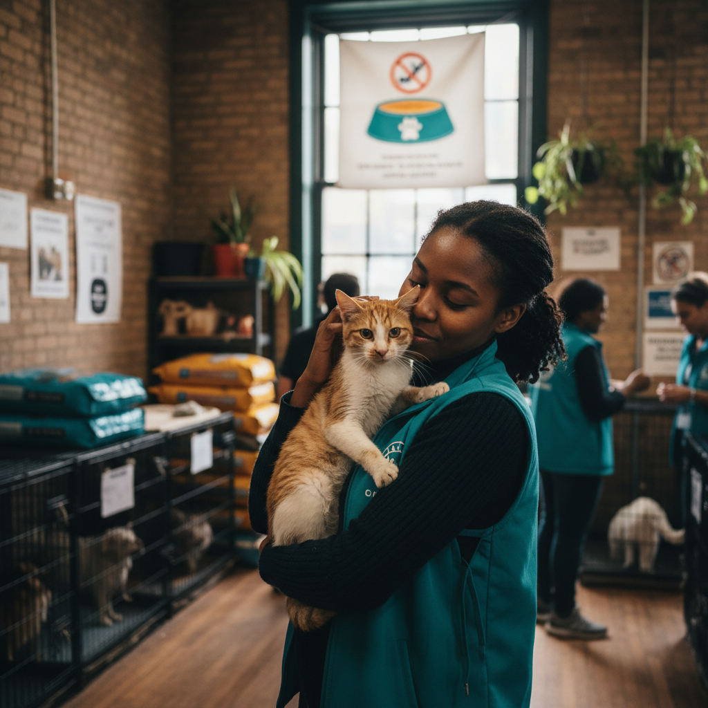 A rescued cat being held lovingly by a black volunteer in a NYC shelter