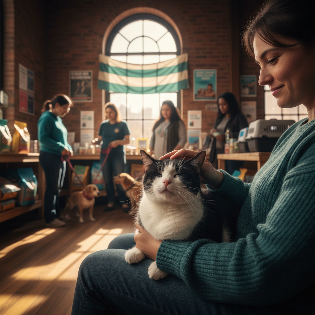 Fat Tuxedo Cat happily being pet, sitting in a lap